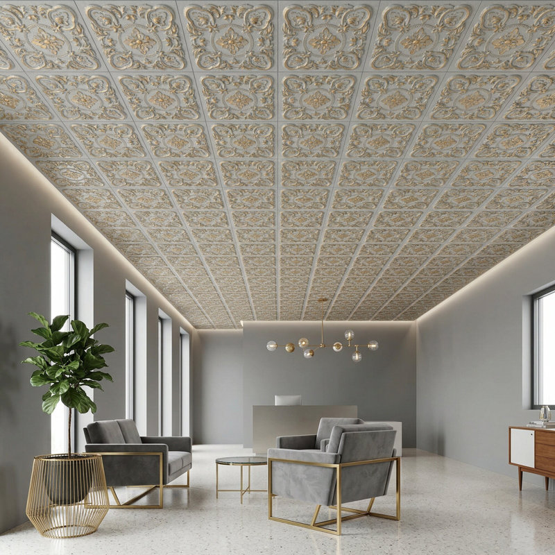 Carreau de plafond en PVC 2 pi x 2 pi Gaby, Or blanc vieilli