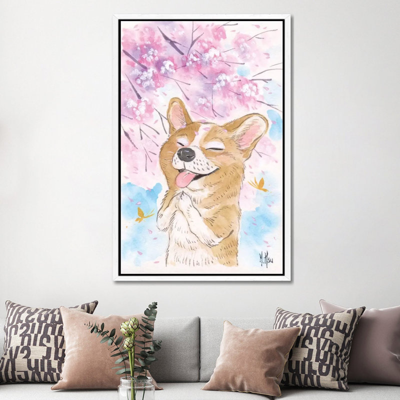 Cherry Blossom Wishes - Corgi by Martin Hsu - Painting on Canvas, 152.5 cm H x 101.5 cm W, White Framed