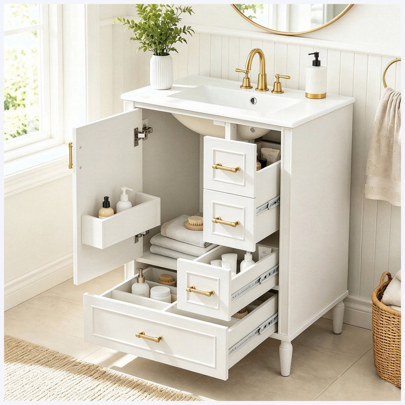 Meuble-lavabo moderne de 24 po avec lavabo en céramique, porte à fermeture douce, 3 tiroirs, poignées dorées et support de rangement