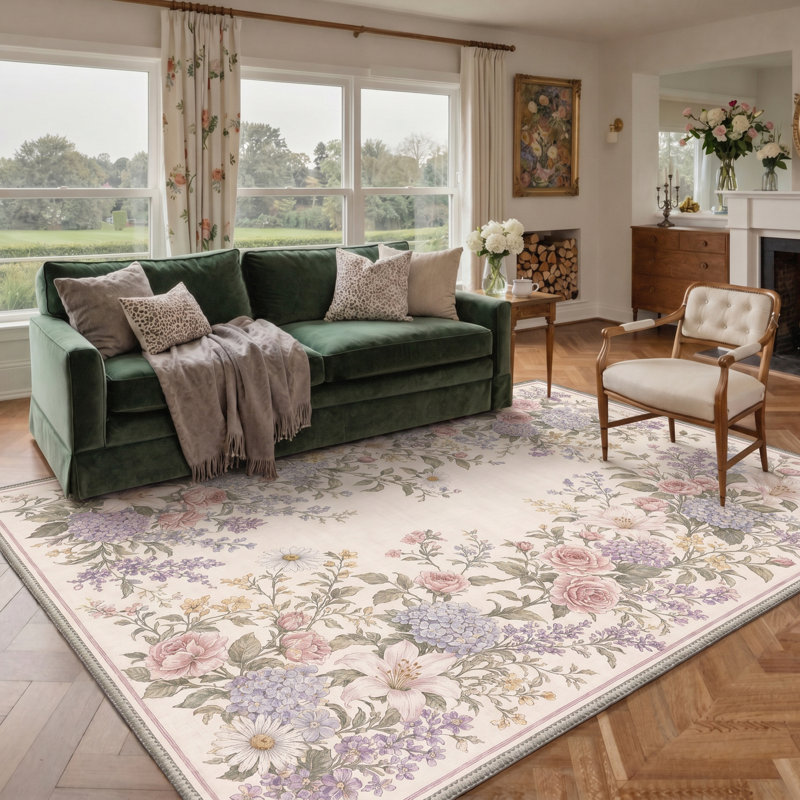 Tapis beige / rose / lavande lavable à la machine avec envers antidérapant, Rectangulaire 8 pi x 10 pi