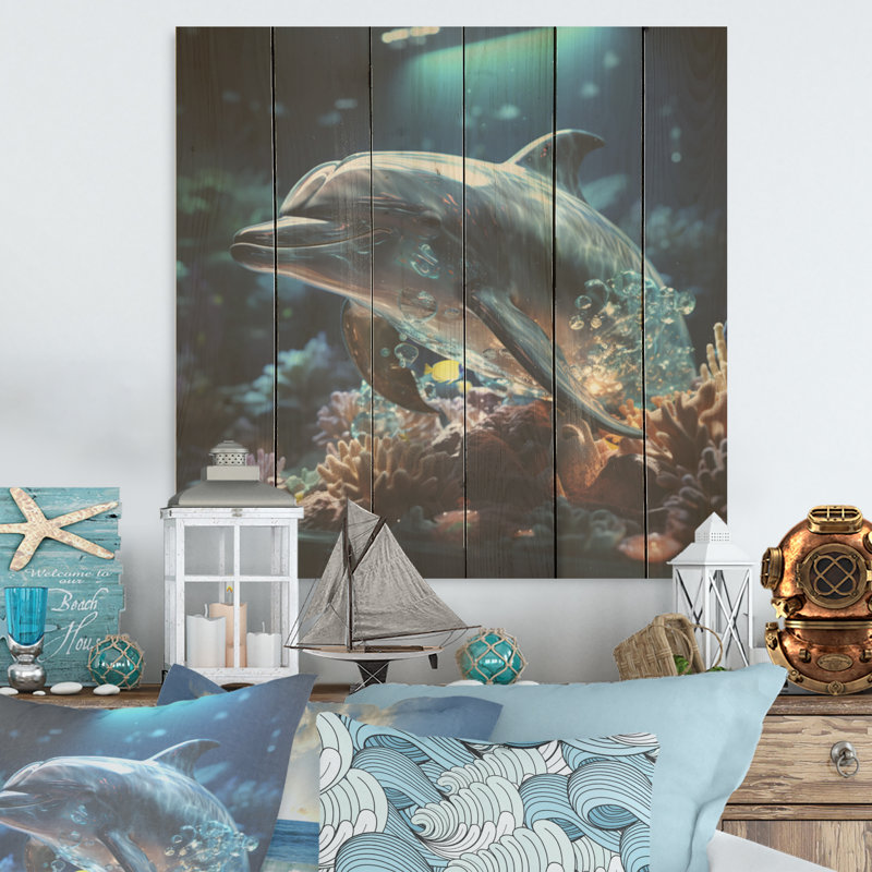«Dolphin Happiness I», art mural sur bois de pin naturel, H 15 po x l 15 po