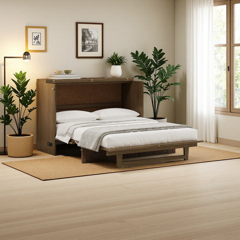 Armoire lit escamotable avec station de charge et grand tiroir de rangement, lit escamotable pliable en placage géométrique pour bureau à domicile, salon, brun
