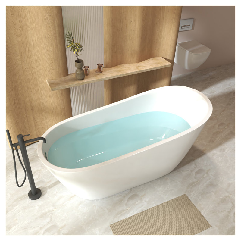 Baignoire autoportante ovale 67 po, baignoire en acrylique blanc brillant avec bonde réversible
