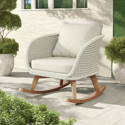 29.5" Contemporary Minimalist Wicker Rocking Chair With Soft Polyester Cushions And Durable Wooden Frame, Perfect For Indoor And Outdoor Spaces Like Patio, Balcony