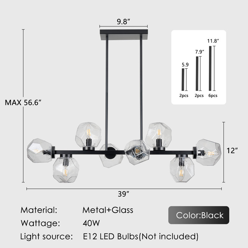 8 Light  Glass Mid Century Chandelier, Matte Black