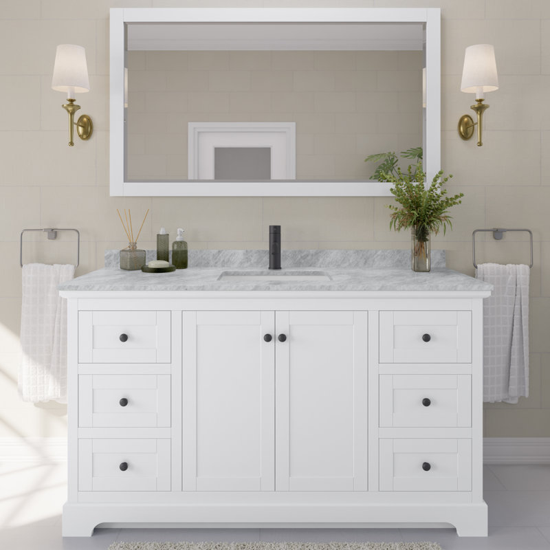 Avery 60'' Single Bathroom Vanity with Stone Top, White, Matte Black