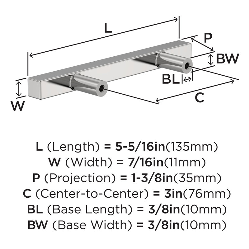 Bar Pulls Square 3 inch (76mm) Center-to-Center Polished Chrome Cabinet Pull - 10 Pack, Polished Chrome