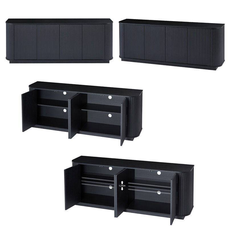 64 inch Wide Modern Sideboard and TV Stand for TVs up to 70 inch, Low Profile Buffet Cabinet with Wave Pattern Doors, Black