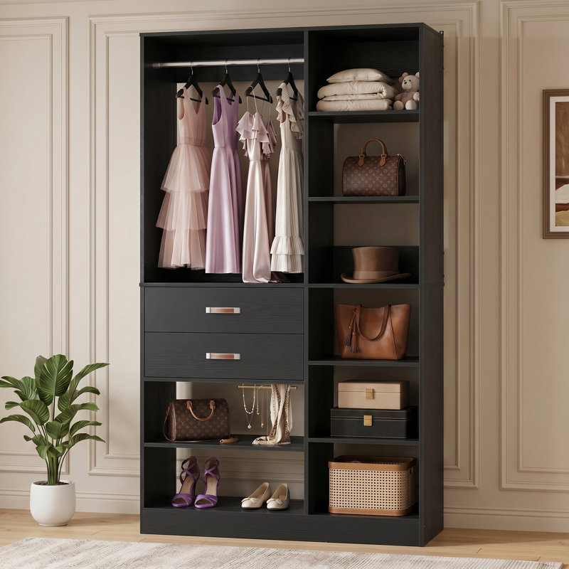 39.4'' W Closet System with Wooden Drawers and Hanging Rods, Black