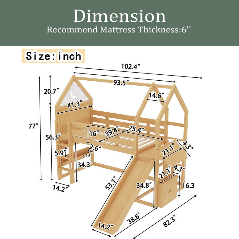 Lit mezzanine simple avec bibliothèque Design ludique pour enfants Structure en forme de maison avec glissières de sécurité de haute qualité