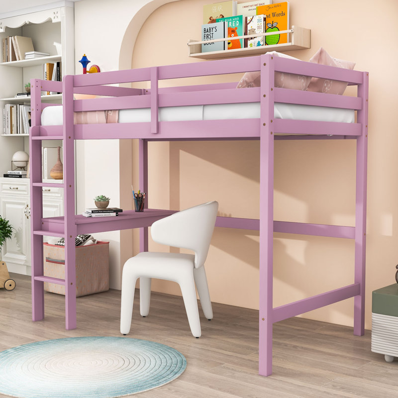 Twin Wood Loft Bed With Guardrail And Built-In Desk, Pink