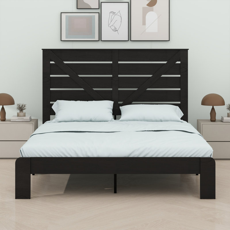 Tête de lit, base de lit plateforme en bois, Noir, Grand lit