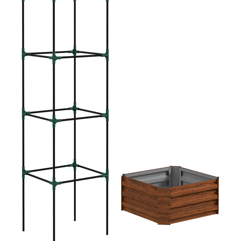 Lit pour plante surélevé galvanisé, 24 po x 24 po x 11,88 po, brun. Possède une cage à tomates à treillis polyvalente. Fond ouvert aux problèmes. Améliorez votre cour, votre jardin, votre patio. Légumes nourrissants et délicieux attrayants