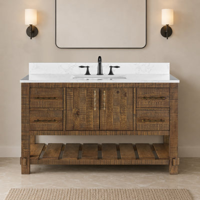 Farmhouse 48" Bathroom Vanity with Sink, Solid Wood, 4 Drawers, 2 Soft-Close Doors, Open Storage Shelf, 0.79" Marble Countertop & Backsplash, Rustic Brown
