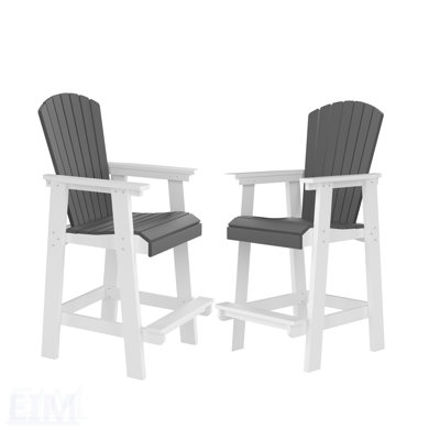 HDPE Outdoor Tall Adirondack Bar Chairs Set Of 2, High Back, All-Weather Patio Stools In White And Gray