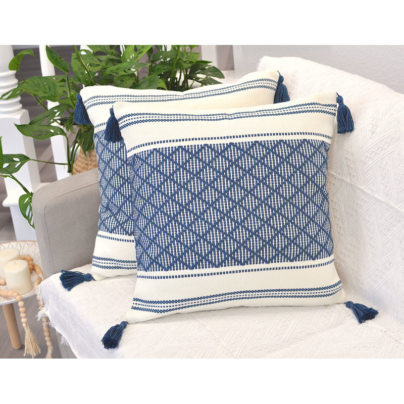 Woven Pillow Covers With Tassels, Geometric Pattern Pillowcases For Outdoor / Indoor (Set of 2), 20" x 20", Blue