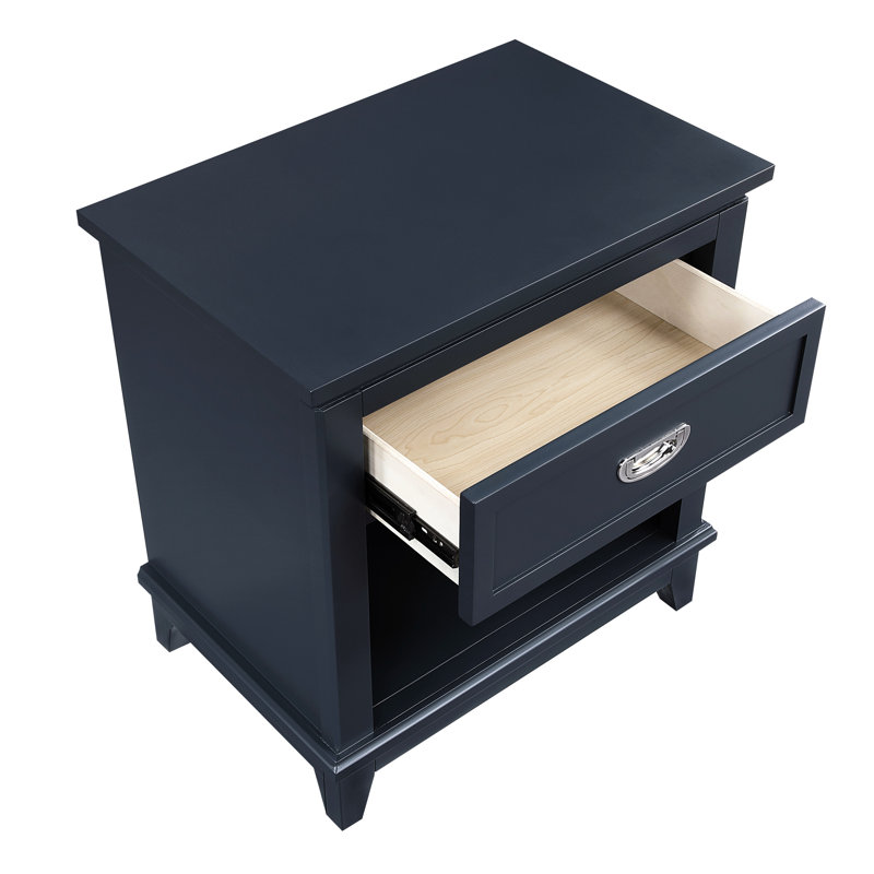 Table de chevet classique bleu marine avec tiroir de rangement et dessous, sans assemblage pour une utilisation dans la chambre à coucher de style, une poignée en nickel poli