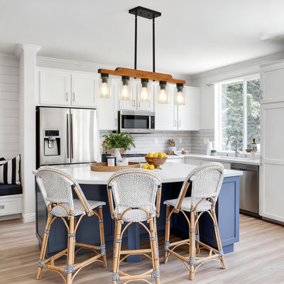 5 Lights Rustic Wood Linear Chandelier, Farmhouse Kitchen Island Lighting Dining Room Light Fixture with Seeded Glass Shades