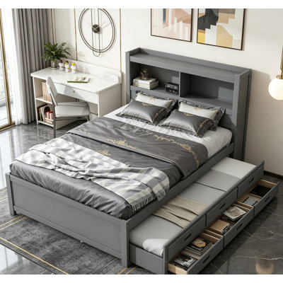 Lit plateforme double avec lit gigogne, tiroirs et prises USB en gris, parfait pour les chambres modernes et fonctionnelles