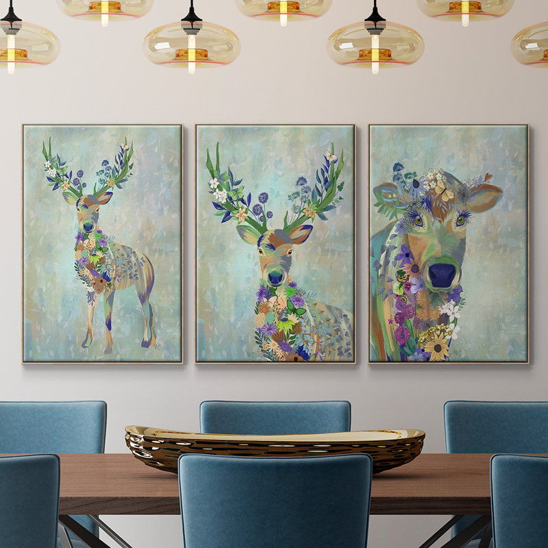 Fantastic Florals Cow 3 pièces, H 24 po x l 48 po x P 2 po, Cadre en bois naturel