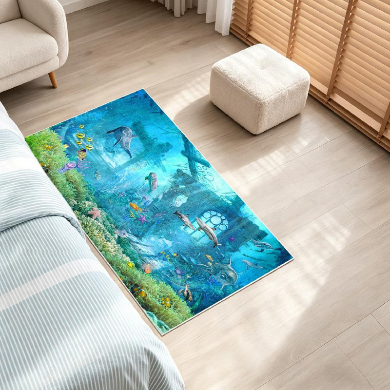 Tapis transparent lavable à la machine, décor sous-marin avec poissons, Rectangle 32" x 47"