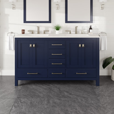 Minnich 60 In. Blue Double Sink Bath Vanity With Carrara Quartz Top And Undermount Porcelain Sinks
