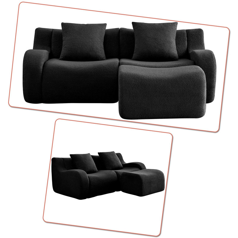 Canapé modulaire rembourré en tissu 2 pièces avec repose-pieds, Ours en peluche noir, H 35,43 po x l 82,73 po x P 65,73 po