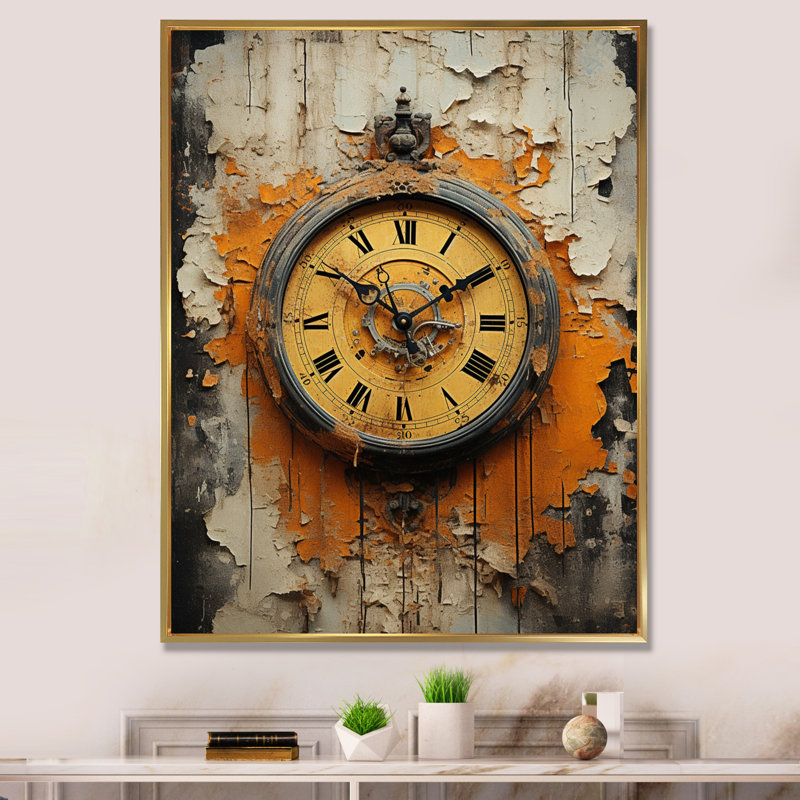 Horloge industrielle chic II - impressions sur toile tendance, Cadre flottant doré, H 32 po x l 16 po x P 1 po