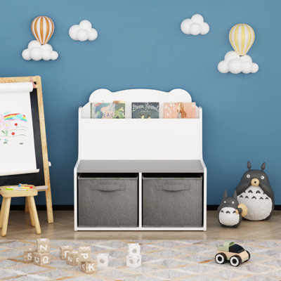 Banc de rangement pour enfants avec étagère à livres, banc organisateur de jouets en bois avec 2 bacs en tissu amovibles, banc de lecture pour tout-petits, idéal pour la salle de jeux, la chambre ou la crèche.