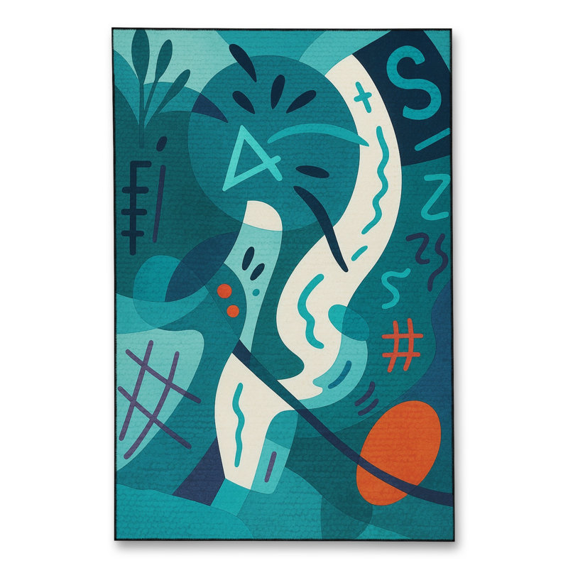 MOSSO Teal Vintage Washable Woven Backing Area Rug, 4'7" x 6'7"