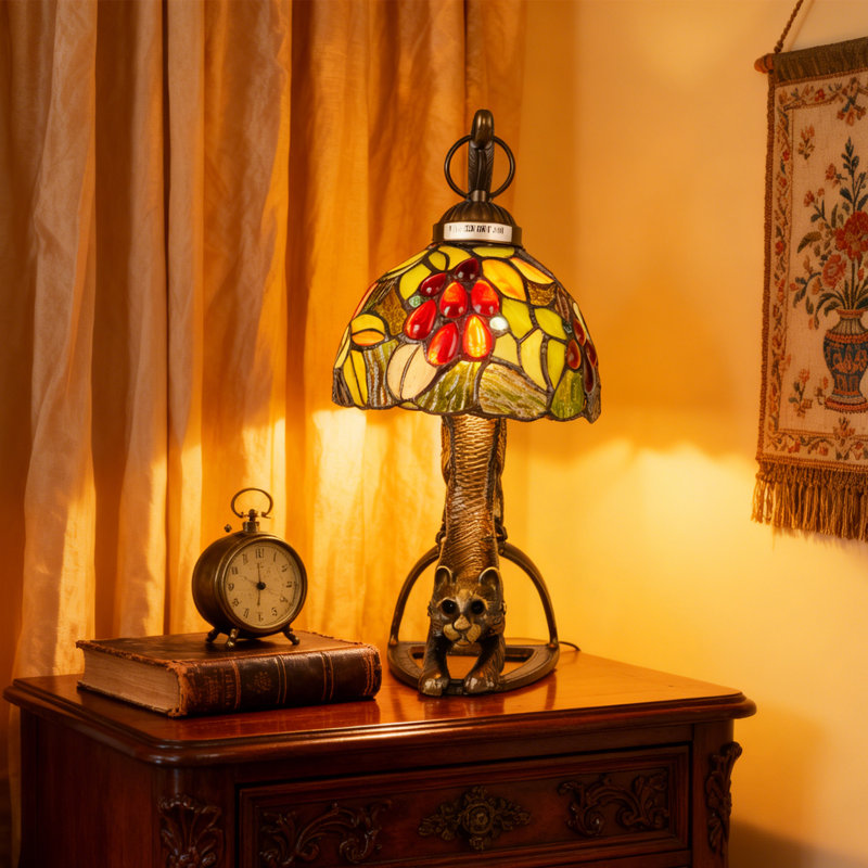 15 Inch High Artistic Cat-shaped Stained Glass Table Lamp; Tiffany Style Bedside Lamp