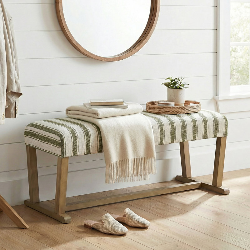 Striped Upholstered Bench, 41" Coastal Bench with Wood Frame for Entryway, Dining Room & Bedroom, Sage Green