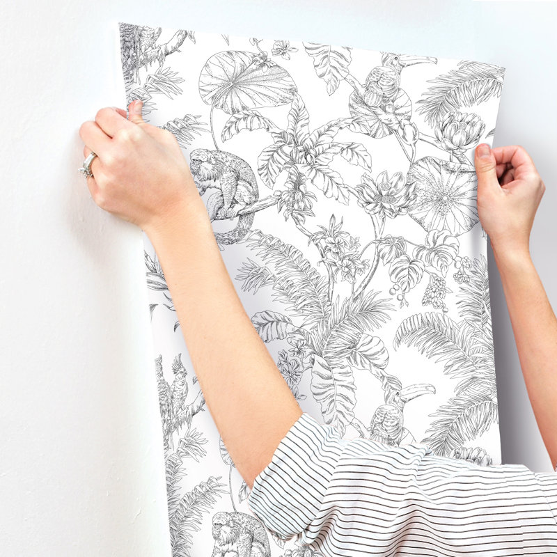 Tropical Sketch Toile Vinyl Wallpaper Roll, Black