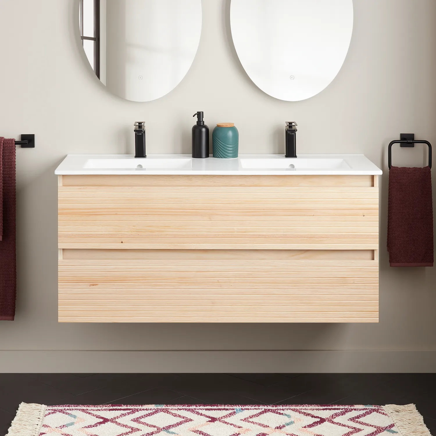 Kiah 48" Oak Double Bathroom Vanity, Light Oak