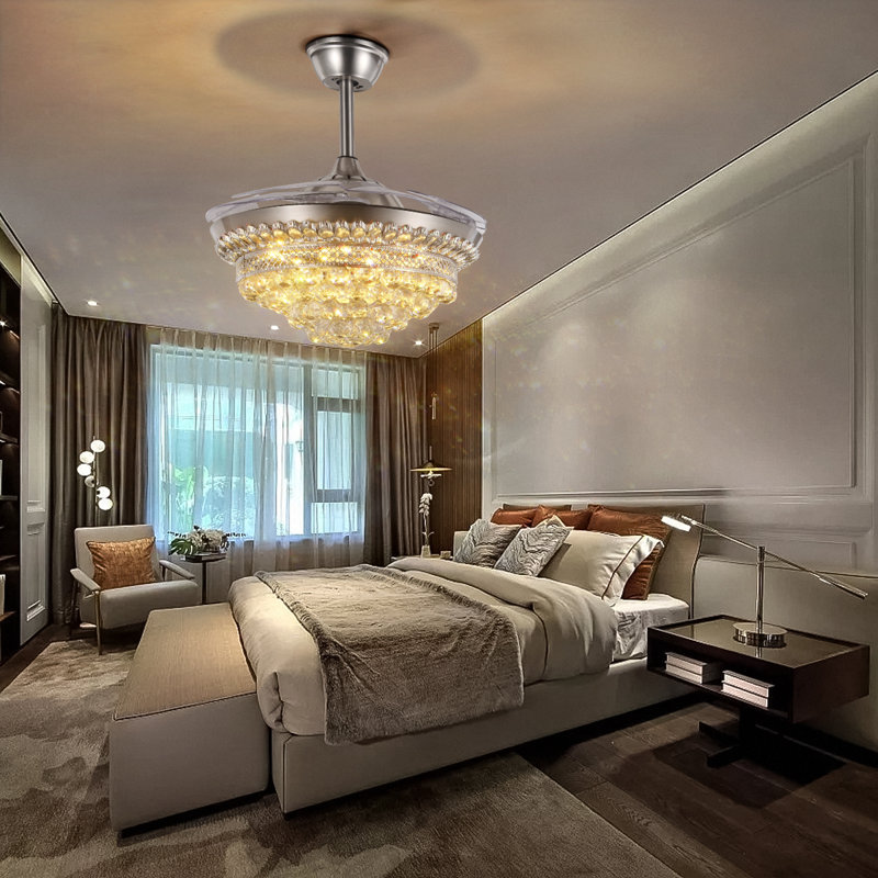 42'' Silver Crystal Retractable Ceiling Fan with 36W LED Light and Remote Control