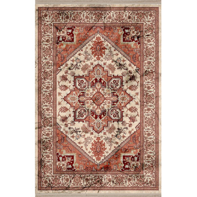 Red-Beige Themed Traditional Motif Ethnic Patterned Vintage Decorative Rug