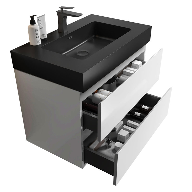 Meuble-lavabo élégant avec conception murale et lavabo intégré offrant style et fonctionnalité., Blanc