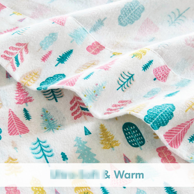 Drap-housse en flanelle de coton Queen, 4 pièces, motif sapins de Noël blancs, chaud, lavable à la machine pour un entretien facile.