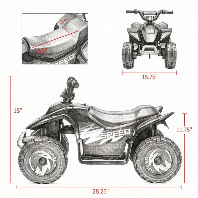 Quad rose 6V à piles pour enfants de 18 à 36 mois, cadre en acier PP, capacité de 44 lb, longueur 28,25