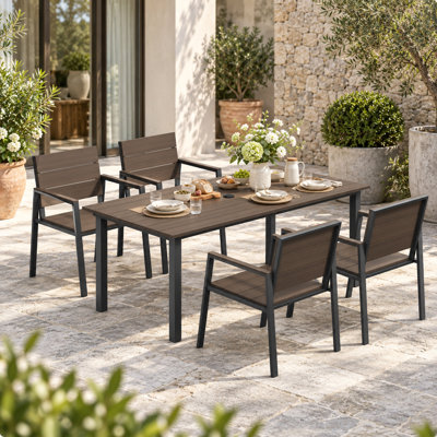 Chaises de salle à manger d'extérieur empilables en aluminium avec finition grain de bois (ensemble de 4)