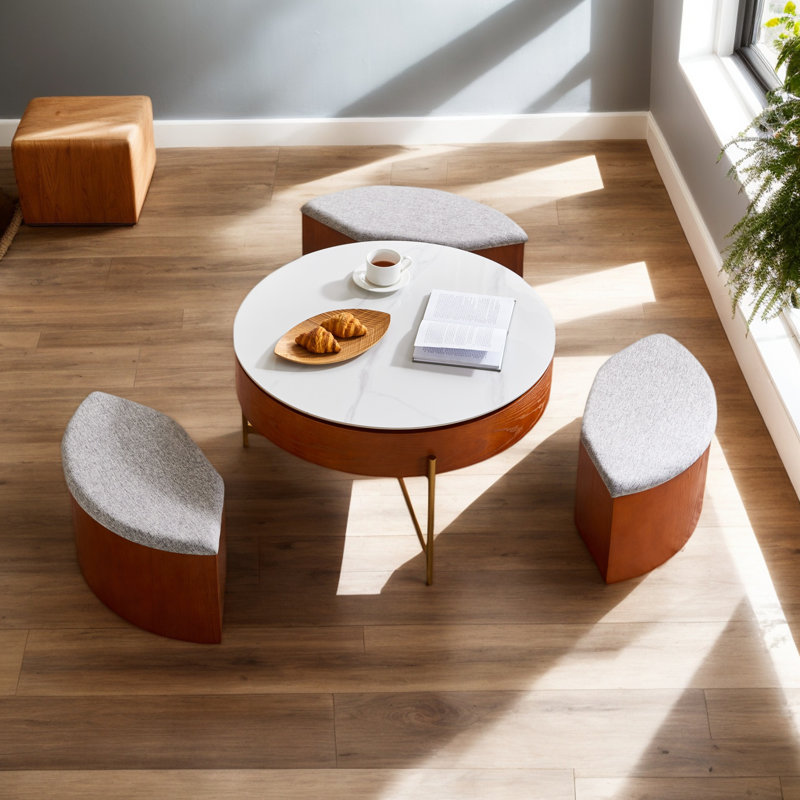 Rhuari 31.5" Multi-Functional Round Lift-Top Coffee Table with Nesting Stools