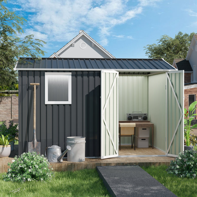 Remise de rangement pour patio en métal 9 * 6 pi, acier galvanisé de couleur, solide et, assez d'espace pour l'équipement de jardin, éclairage de fenêtre de 9,5 x 6,7 pi pour la cour, stable, vélos généreux, translucide