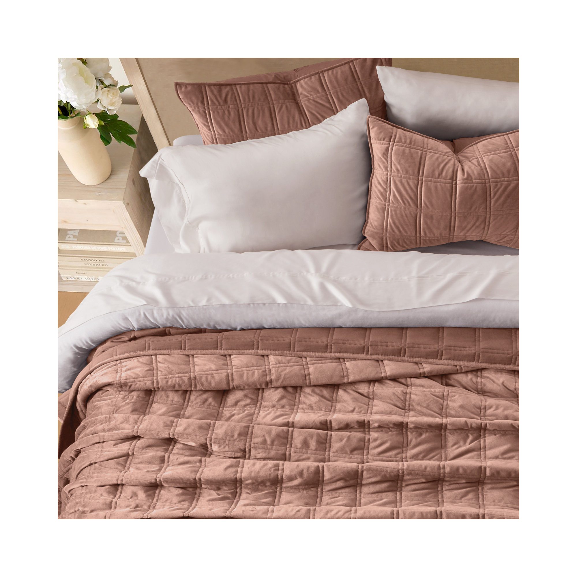Double Box Stitch Velvet Quilt set, Terracotta Clay, King Quilt + 2 King Shams