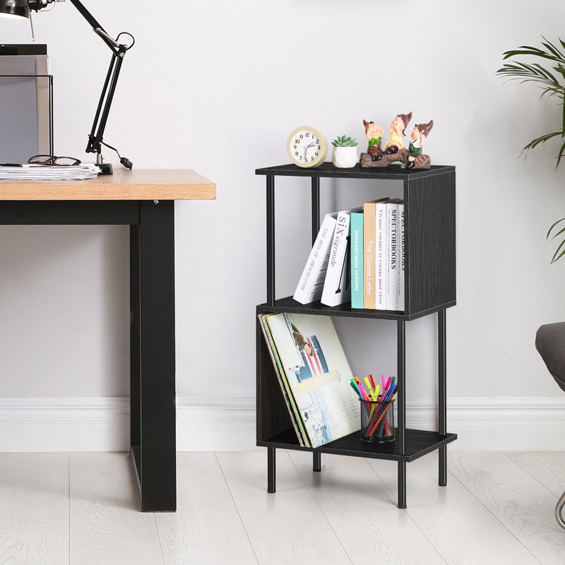 Table de bout à 3 niveaux en forme de S, table d'appoint moderne noire avec tablettes de rangement ouvertes pour le salon, la chambre à coucher et le bureau