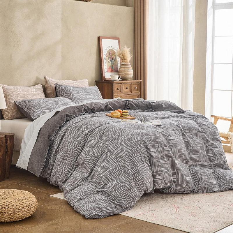 Ensemble de housse de couette 100% coton jacquard teint en coton, Rayures à carreaux gris