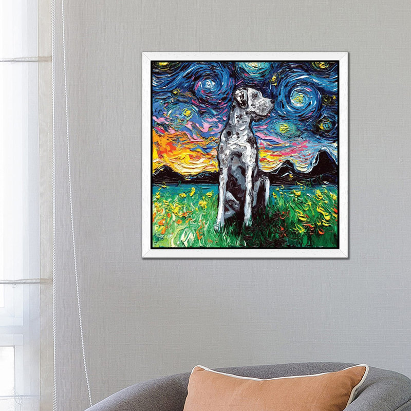 Merle Great Dane Night by Aja Trier - Painting on Canvas, 45.72 cm H x 45.72 cm W, White Floater Framed