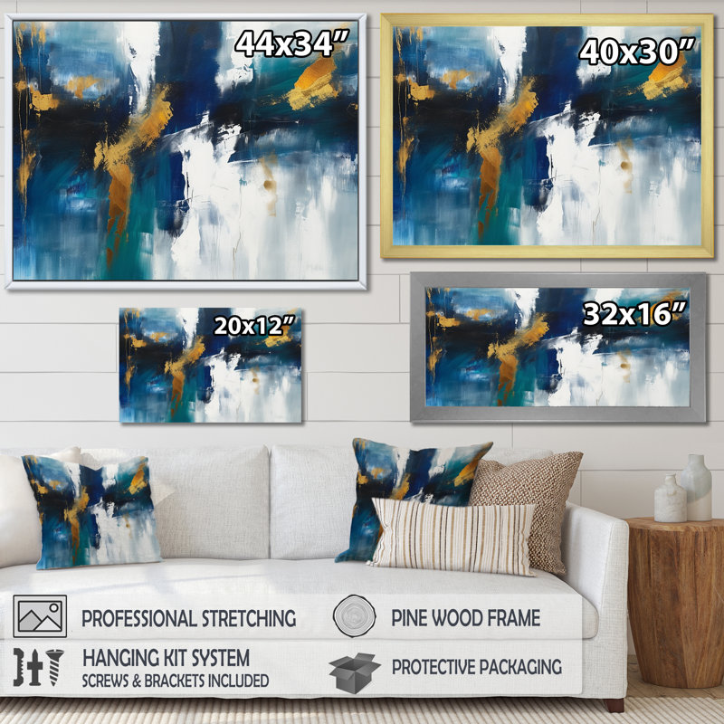 «Feeling Spirit» abstrait en bleu et or - peinture abstraite d'art mural pour le salon, H 24 po x l 32 po x P 1 po
