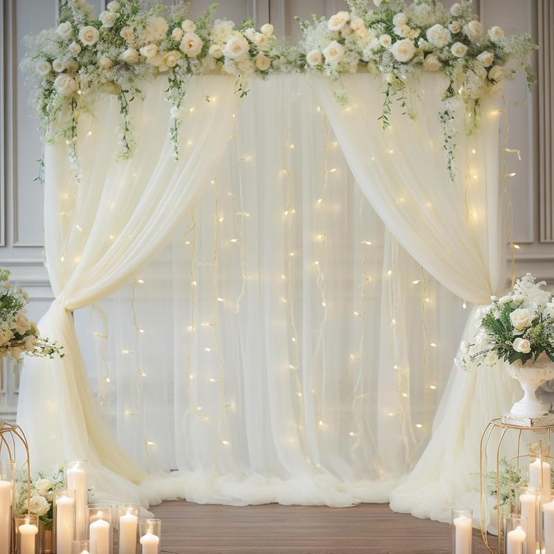10x10ft Ivory Tulle Backdrop Curtain with Lights String for Parites