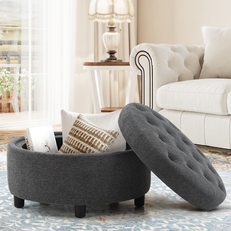 63.5Cm Tufted Round Cube with Storage Ottoman, Dark Grey