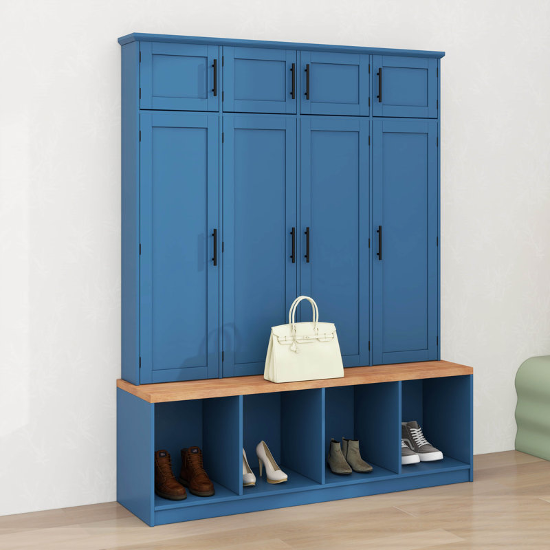 Arbre d'entrée de style campagnard avec 4 crochets cachés, banc polyvalent en noyer avec 8 portes, armoire à chaussures d'entrée